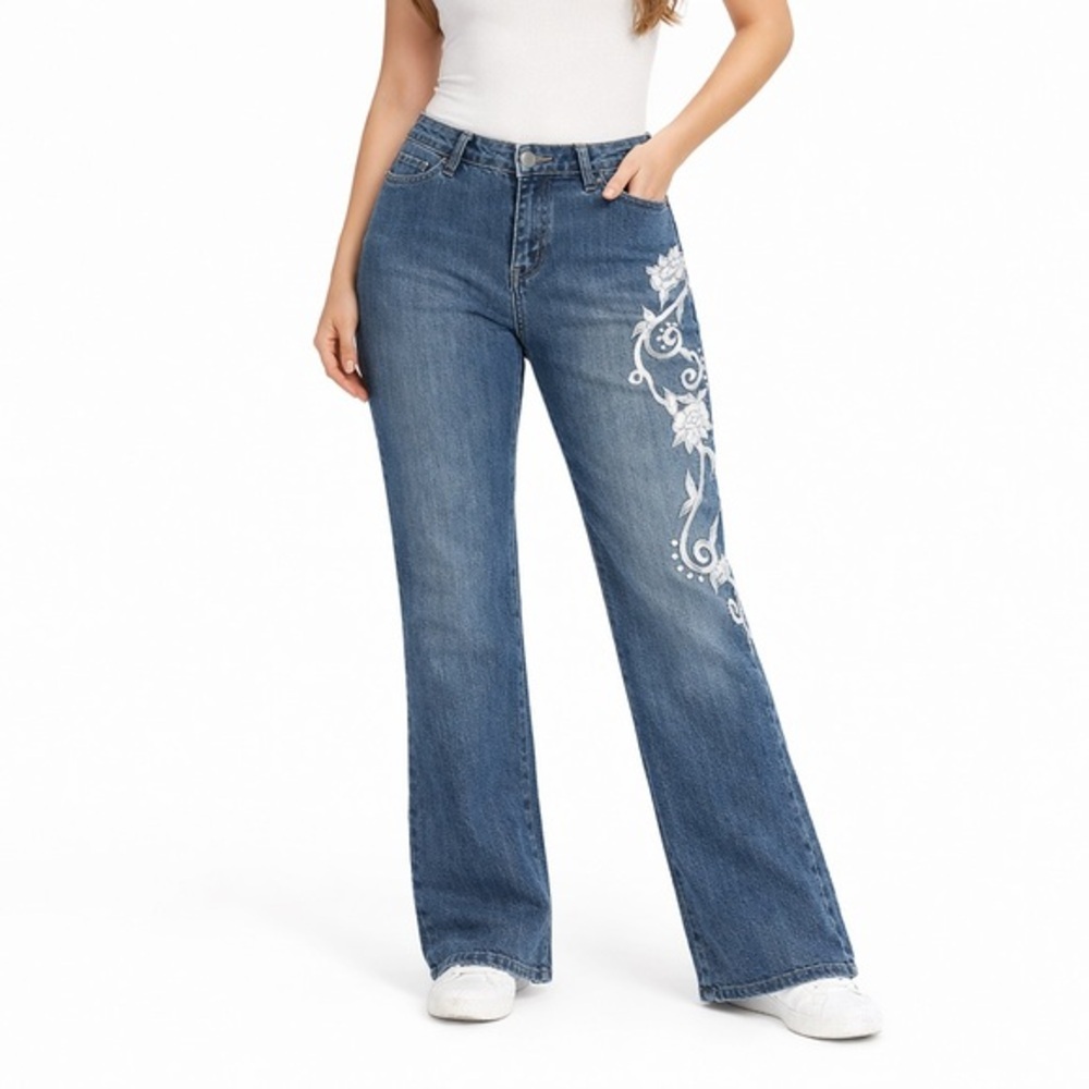 Vintage Boston Proper size 4 Blue Flare Jeans with White Embroidery Sequins - Picture 3 of 7
